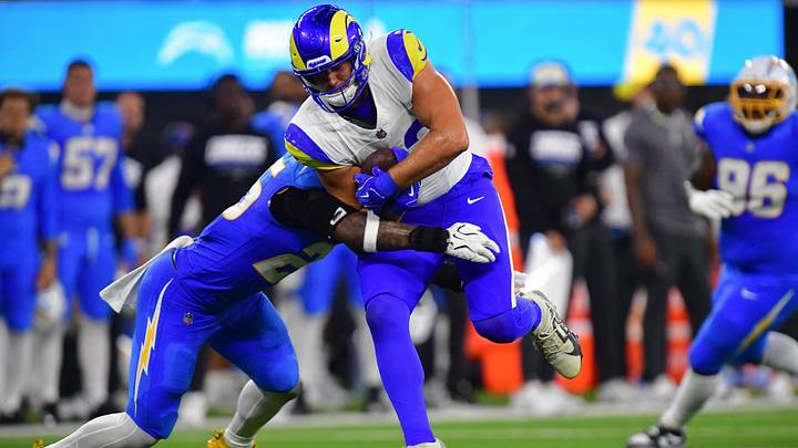 Aug 27, 2026; Inglewood, California, USA; Los Angeles Rams tight end Mark Redman (83) runs the ball against the Los Angeles Chargers during the first half at SoFi Stadium. Mandatory Credit: Gary A. Vasquez-Imagn Images