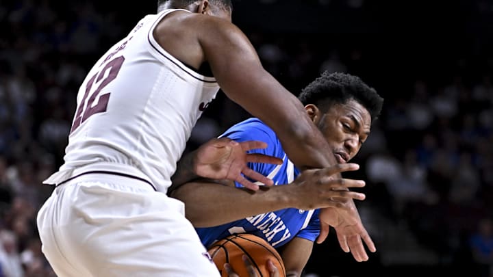 Mar 3, 2026; College Station, Texas, USA; Kentucky Wildcats forward Mouhamed Dioubate (23) is fouled by Texas A&M Aggies forward Rashaun Agee (12) during the first half at Reed Arena. Mandatory Credit: Maria Lysaker-Imagn Images Mar 3, 2026; College Station, Texas, USA; Kentucky Wildcats forward Mouhamed Dioubate (23) is fouled by Texas A&M Aggies forward Rashaun Agee (12) during the first half at Reed Arena. Mandatory Credit: Maria Lysaker-Imagn Images