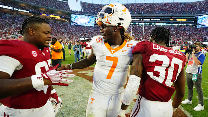 Oct 21, 2023; Tuscaloosa, Alabama, USA; Tennessee Volunteers quarterback Joe Milton III (7) greets