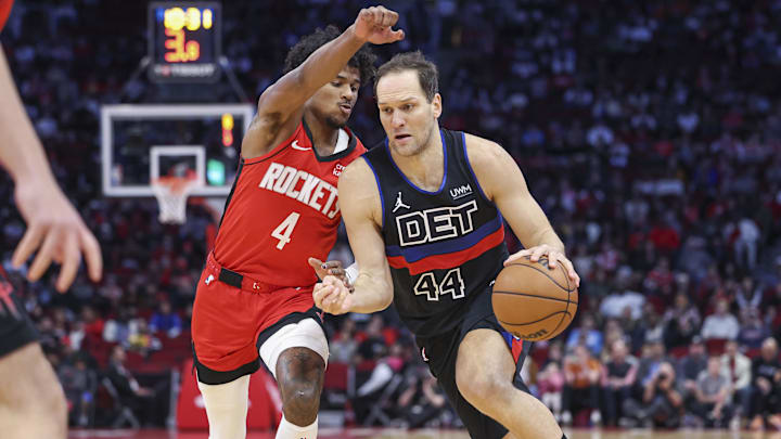 Jan 1, 2024; Houston, Texas, USA; Detroit Pistons forward Bojan Bogdanovic (44) drives with the ball