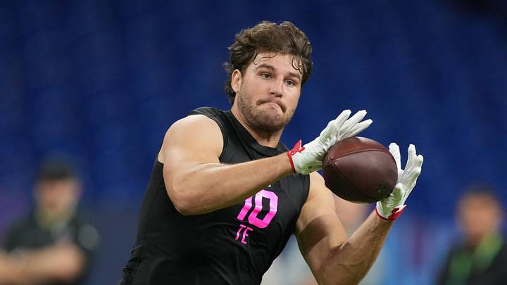 Ohio State tight end Will Kacmarek (TE10) during the NFL Scouting Combine at Lucas Oil Stadium. Ohio State tight end Will Kacmarek (TE10) during the NFL Scouting Combine at Lucas Oil Stadium.