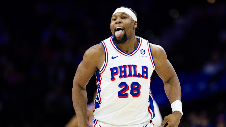 Jan 15, 2025; Philadelphia, Pennsylvania, USA; Philadelphia 76ers forward Guerschon Yabusele (28) reacts after missing a shot against the New York Knicks during the first quarter at Wells Fargo Center. Mandatory Credit: Bill Streicher-Imagn Images Jan 15, 2025; Philadelphia, Pennsylvania, USA; Philadelphia 76ers forward Guerschon Yabusele (28) reacts after missing a shot against the New York Knicks during the first quarter at Wells Fargo Center. Mandatory Credit: Bill Streicher-Imagn Images