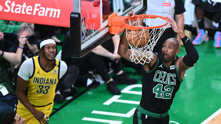 May 23, 2024; Boston, Massachusetts, USA; Boston Celtics center Al Horford (42) dunks the ball against the Indiana Pacers in the first half during game two of the eastern conference finals for the 2024 NBA playoffs at TD Garden. Mandatory Credit: Brian Fluharty-Imagn Images May 23, 2024; Boston, Massachusetts, USA; Boston Celtics center Al Horford (42) dunks the ball against the Indiana Pacers in the first half during game two of the eastern conference finals for the 2024 NBA playoffs at TD Garden. Mandatory Credit: Brian Fluharty-Imagn Images