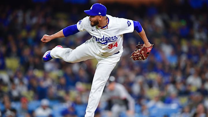 Apr 3, 2024; Los Angeles, California, USA; Los Angeles Dodgers starting pitcher Dinelson Lamet (94) throws against the San Francisco Giants during the ninth inning at Dodger Stadium. Mandatory Credit: Gary A. Vasquez-Imagn Images