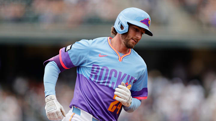 Jul 18, 2025; Denver, Colorado, USA; Colorado Rockies third baseman Ryan McMahon (24) rounds the bases on a two run home run in the first inning against the Minnesota Twins at Coors Field. Mandatory Credit: Isaiah J. Downing-Imagn Images