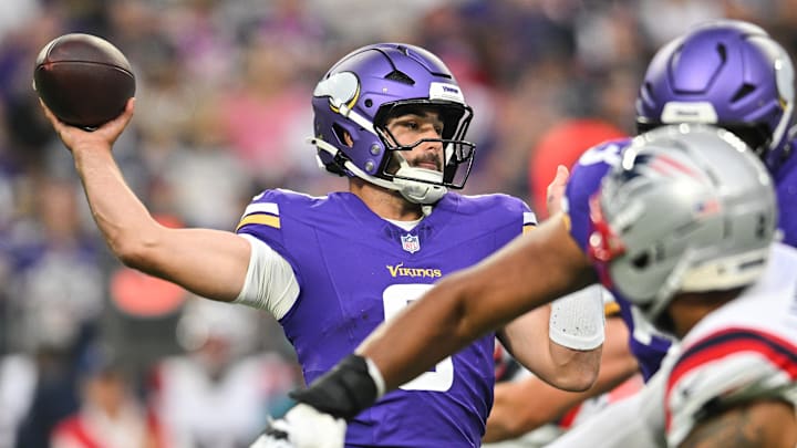 Aug 16, 2025; Minneapolis, Minnesota, USA; Minnesota Vikings quarterback Sam Howell (8) throws a pass against the New England Patriots during the first quarter at U.S. Bank Stadium. Mandatory Credit: Jeffrey Becker-Imagn Images Aug 16, 2025; Minneapolis, Minnesota, USA; Minnesota Vikings quarterback Sam Howell (8) throws a pass against the New England Patriots during the first quarter at U.S. Bank Stadium. Mandatory Credit: Jeffrey Becker-Imagn Images