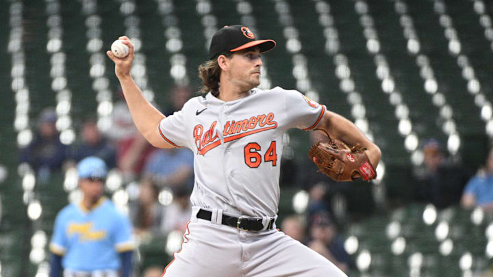 Jun 7, 2023; Milwaukee, Wisconsin, USA; Baltimore Orioles starting pitcher Dean Kremer (64) delivers a pitch against the Milwaukee Brewers