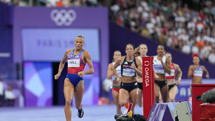 Aug 9, 2024; Saint-Denis, FRANCE;  Anna Hall (USA) in the heptathlon 800m heats during the Paris 2024 Olympic Summer Games at Stade de France. Mandatory Credit: James Lang-USA TODAY Sports