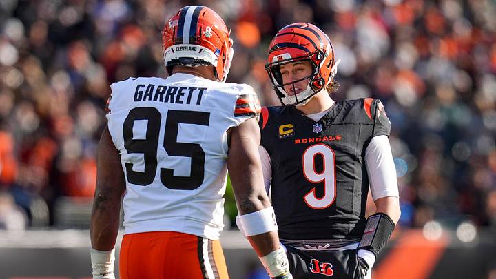 Jan 4, 2026; Cincinnati, Ohio, USA; Cincinnati Bengals quarterback Joe Burrow (9) and Cleveland Browns defensive end Myles Garrett (95) talk between plays in the first quarter at Paycor Stadium. Mandatory Credit: Sam Greene-USA TODAY Network via Imagn Images Jan 4, 2026; Cincinnati, Ohio, USA; Cincinnati Bengals quarterback Joe Burrow (9) and Cleveland Browns defensive end Myles Garrett (95) talk between plays in the first quarter at Paycor Stadium. Mandatory Credit: Sam Greene-USA TODAY Network via Imagn Images