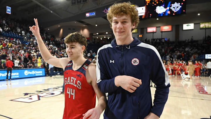 Feb 3, 2024; Spokane, Washington, USA; St. Mary's Gaels guard Alex Ducas (44) and St. Mary's Gaels center Andrew McKeever (45) celebrate after a game against the Gonzaga Bulldogs at McCarthey Athletic Center. St. Mary's Gaels won 64-62. Mandatory Credit: James Snook-Imagn Images Feb 3, 2024; Spokane, Washington, USA; St. Mary's Gaels guard Alex Ducas (44) and St. Mary's Gaels center Andrew McKeever (45) celebrate after a game against the Gonzaga Bulldogs at McCarthey Athletic Center. St. Mary's Gaels won 64-62. Mandatory Credit: James Snook-Imagn Images