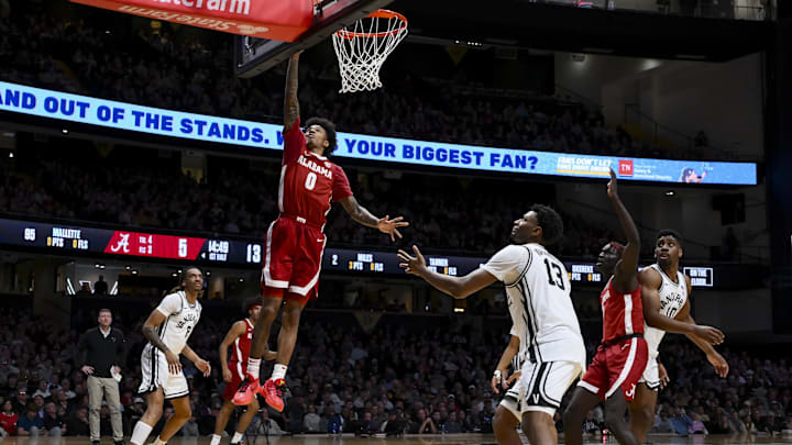 Jan 7, 2026; Nashville, Tennessee, USA; Alabama Crimson Tide guard Labaron Philon (0) lays the ball in against the Vanderbilt Commodores during the first half at Memorial Gymnasium. Mandatory Credit: Steve Roberts-Imagn Images Jan 7, 2026; Nashville, Tennessee, USA; Alabama Crimson Tide guard Labaron Philon (0) lays the ball in against the Vanderbilt Commodores during the first half at Memorial Gymnasium. Mandatory Credit: Steve Roberts-Imagn Images
