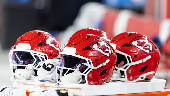 Aug 9, 2025; Glendale, Arizona, USA; Detailed view of a Kansas City Chiefs helmet during a preseason NFL game at State Farm Stadium. Mandatory Credit: Mark J. Rebilas-Imagn Images