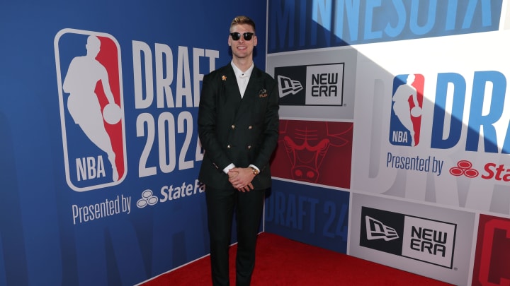 Jun 26, 2024; Brooklyn, NY, USA; Kyle Filipowski arrives before the first round of the 2024 NBA Draft at Barclays Center. Mandatory Credit: Brad Penner-USA TODAY Sports Jun 26, 2024; Brooklyn, NY, USA; Kyle Filipowski arrives before the first round of the 2024 NBA Draft at Barclays Center. Mandatory Credit: Brad Penner-USA TODAY Sports