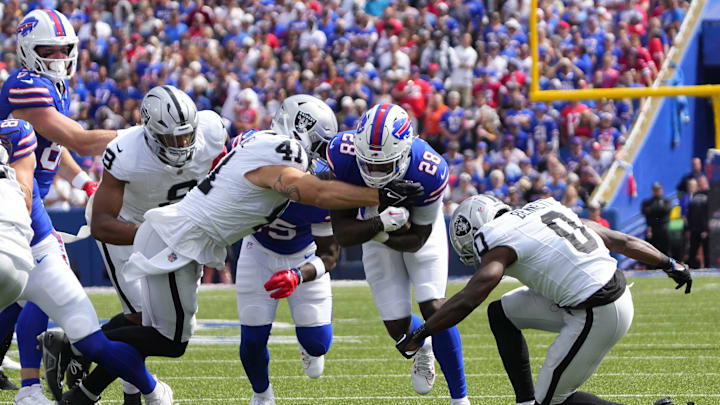 Sep 17, 2023; Orchard Park, New York, USA; Buffalo Bills running back Latavius Murray (28) runs with