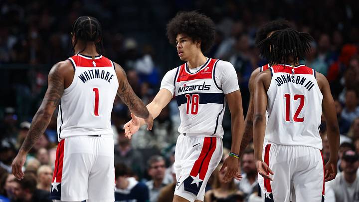 Oct 24, 2025; Dallas, Texas, USA; Washington Wizards forward Kyshawn George (18) celebrates with Washington Wizards forward Cam Whitmore (1) during the first quarter against the Dallas Mavericks at American Airlines Center. Mandatory Credit: Kevin Jairaj-Imagn Images Oct 24, 2025; Dallas, Texas, USA; Washington Wizards forward Kyshawn George (18) celebrates with Washington Wizards forward Cam Whitmore (1) during the first quarter against the Dallas Mavericks at American Airlines Center. Mandatory Credit: Kevin Jairaj-Imagn Images
