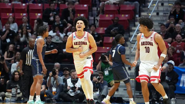Mar 22, 2026; San Diego, CA, USA; Arizona Wildcats guard Brayden Burries (5) reacts in the second half against the Utah State Aggies during a second round game of the men's 2026 NCAA Tournament at Viejas Arena. Mandatory Credit: Kirby Lee-Imagn Images Mar 22, 2026; San Diego, CA, USA; Arizona Wildcats guard Brayden Burries (5) reacts in the second half against the Utah State Aggies during a second round game of the men's 2026 NCAA Tournament at Viejas Arena. Mandatory Credit: Kirby Lee-Imagn Images
