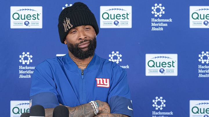 Jun 3, 2026; East Rutherford, NJ, USA; New York Giants wide receiver Odell Beckham Jr. (3) talks with media after organized team activities at Quest Diagnostics Training Center. 