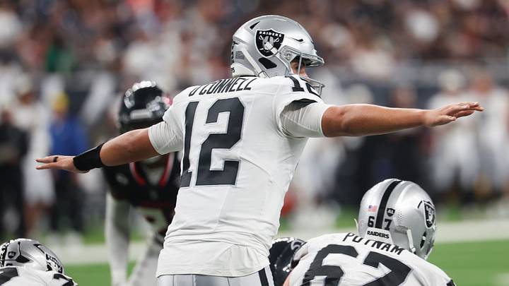 Aug 20, 2026; Houston, Texas, USA; Las Vegas Raiders quarterback Aidan O'Connell (12) at the line of scrimmage against the Houston Texans in the second half at Reliant Stadium. Mandatory Credit: Thomas Shea-Imagn Images Aug 20, 2026; Houston, Texas, USA; Las Vegas Raiders quarterback Aidan O'Connell (12) at the line of scrimmage against the Houston Texans in the second half at Reliant Stadium. Mandatory Credit: Thomas Shea-Imagn Images