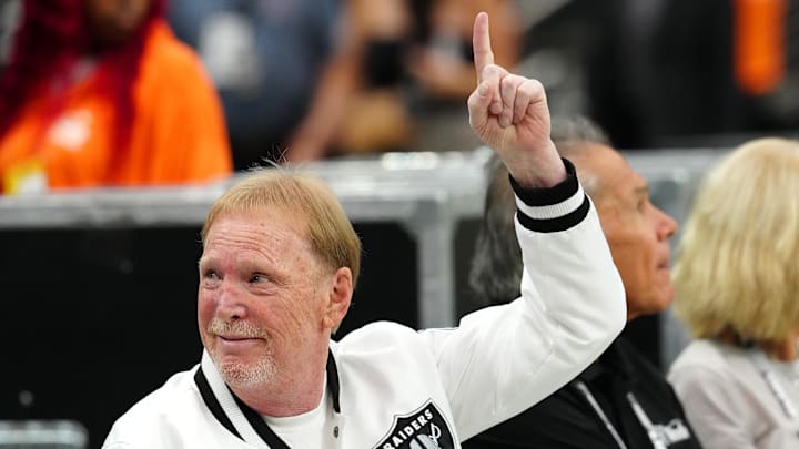 Sep 29, 2024; Paradise, Nevada, USA; Las Vegas Raiders owner Mark Davis acknowledges a fan before the start of a game between the Raiders and the Cleveland Browns at Allegiant Stadium. Mandatory Credit: Stephen R. Sylvanie-Imagn Images