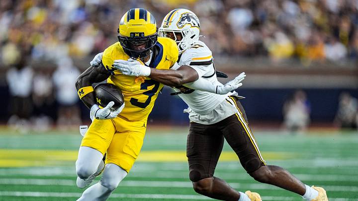 Michigan wide receiver Andrew Marsh (3) runs against Western Michigan cornerback Jordon Thomas (13) during the first half at Michigan Stadium in Ann Arbor on Saturday, Sept. 5, 2026. Michigan wide receiver Andrew Marsh (3) runs against Western Michigan cornerback Jordon Thomas (13) during the first half at Michigan Stadium in Ann Arbor on Saturday, Sept. 5, 2026.