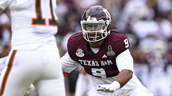 Dec 20, 2025; College Station, TX, USA; Texas A&M Aggies defensive end Cashius Howell (9) applies pressure during the first half against the Miami Hurricanes at Kyle Field. Mandatory Credit: Maria Lysaker-Imagn Images