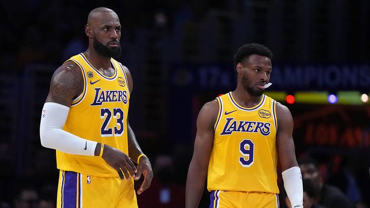 LeBron James (23) and Bronny James (9), Los Angeles Lakers LeBron James (23) and Bronny James (9), Los Angeles Lakers