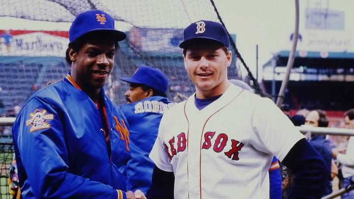 The New York Mets Dwight Gooden and Boston Red Sox Roger Clemens prior to a charity game against the Boston Red Sox to benefit the Jimmy Fund at Fenway Park in Boston Sept. 4, 1986. The Mets won the game 7-3. The two teams would meet later the following month in the World Series which the Mets won in a dramatic 7-game series. The New York Mets Dwight Gooden and Boston Red Sox Roger Clemens prior to a charity game against the Boston Red Sox to benefit the Jimmy Fund at Fenway Park in Boston Sept. 4, 1986. The Mets won the game 7-3. The two teams would meet later the following month in the World Series which the Mets won in a dramatic 7-game series.