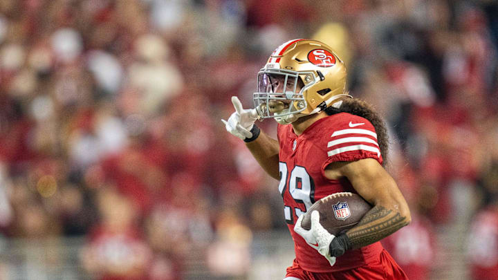 September 21, 2023; Santa Clara, California, USA; San Francisco 49ers safety Talanoa Hufanga (29) celebrates during the fourth quarter against the New York Giants at Levi's Stadium. Mandatory Credit: Kyle Terada-Imagn Images