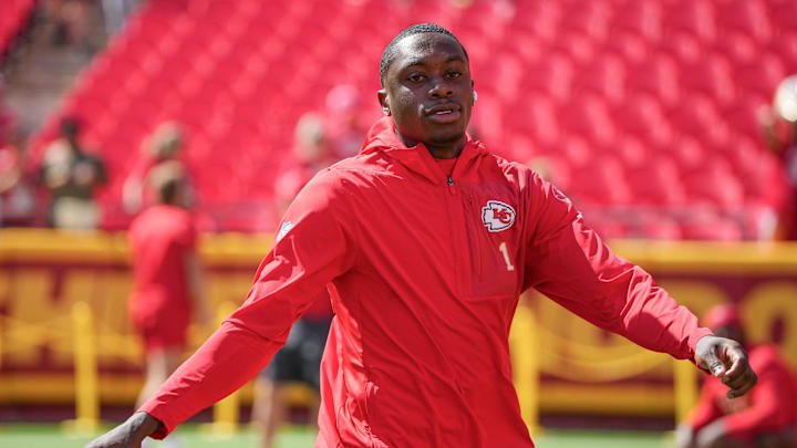 Sep 28, 2025; Kansas City, Missouri, USA; Kansas City Chiefs wide receiver Xavier Worthy (1) warms up against the Baltimore Ravens prior to a game at GEHA Field at Arrowhead Stadium. 