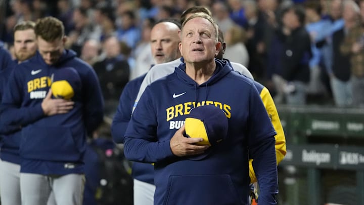 Oct 9, 2025; Chicago, Illinois, USA; Milwaukee Brewers manager Pat Murphy before game four of the NLDS round for the 2025 MLB playoffs at Wrigley Field. Mandatory Credit: David Banks-Imagn Images