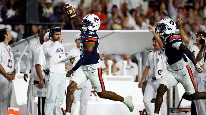 Auburn Tigers defensive back Andre Jordan Jr. (22) celebrates after intercepting a Southern Mississippi Golden Eagles pass during the first quarter at Jordan-Hare Stadium. Mandatory Credit: John Reed-Imagn Images Auburn Tigers defensive back Andre Jordan Jr. (22) celebrates after intercepting a Southern Mississippi Golden Eagles pass during the first quarter at Jordan-Hare Stadium. Mandatory Credit: John Reed-Imagn Images
