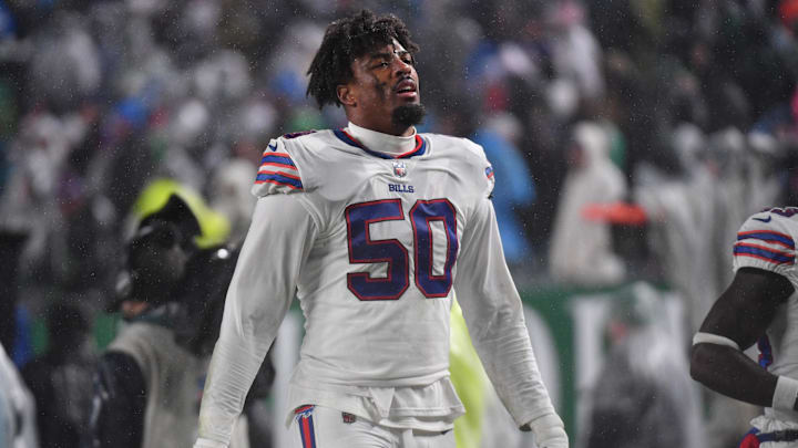Nov 26, 2023; Philadelphia, Pennsylvania, USA; Buffalo Bills defensive end Greg Rousseau (50) against the Philadelphia Eagles at Lincoln Financial Field. Mandatory Credit: Eric Hartline-USA TODAY Sports