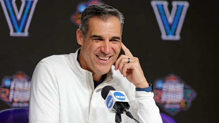 Mar 31, 2022; New Orleans, LA, USA; Villanova Wildcats head coach Jay Wright talks to media during a press conference before the 2022 NCAA men's basketball tournament Final Four semifinals at Caesars Superdome. Mandatory Credit: Stephen Lew-Imagn Images