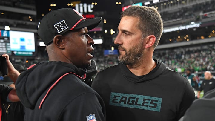 Sep 16, 2024; Philadelphia, Pennsylvania, USA; Atlanta Falcons head coach Raheem Morris and Philadelphia Eagles head coach Nick Sirianni meet on the field after game at Lincoln Financial Field. Mandatory Credit: Eric Hartline-Imagn Images Sep 16, 2024; Philadelphia, Pennsylvania, USA; Atlanta Falcons head coach Raheem Morris and Philadelphia Eagles head coach Nick Sirianni meet on the field after game at Lincoln Financial Field. Mandatory Credit: Eric Hartline-Imagn Images