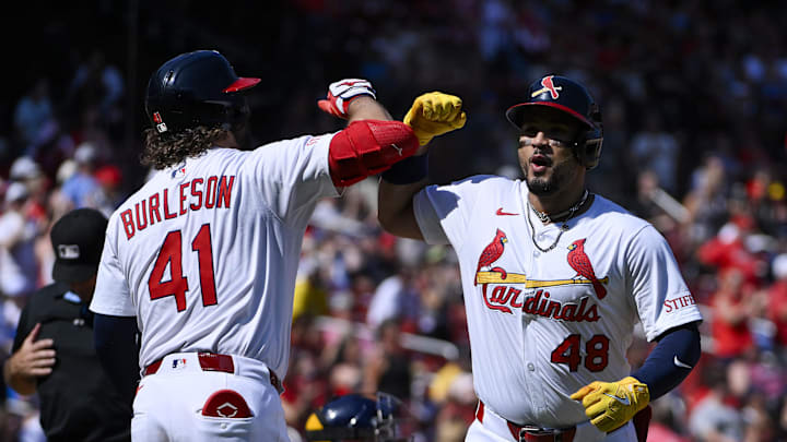 Sep 21, 2025; St. Louis, Missouri, USA; St. Louis Cardinals designated hitter Ivan Herrera (48) celebrates with first baseman Alec Burleson (41) after hitting a two run home run against the Milwaukee Brewers during the third inning at Busch Stadium. Mandatory Credit: Jeff Curry-Imagn Images Sep 21, 2025; St. Louis, Missouri, USA; St. Louis Cardinals designated hitter Ivan Herrera (48) celebrates with first baseman Alec Burleson (41) after hitting a two run home run against the Milwaukee Brewers during the third inning at Busch Stadium. Mandatory Credit: Jeff Curry-Imagn Images