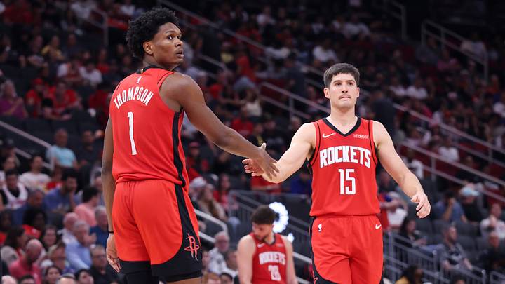 Mar 10, 2026; Houston, Texas, USA; Houston Rockets guard Amen Thompson (1) and guard Reed Sheppard (15) celebrate after a play during the fourth quarter against the Toronto Raptors at Toyota Center. Mandatory Credit: Troy Taormina-Imagn Images Mar 10, 2026; Houston, Texas, USA; Houston Rockets guard Amen Thompson (1) and guard Reed Sheppard (15) celebrate after a play during the fourth quarter against the Toronto Raptors at Toyota Center. Mandatory Credit: Troy Taormina-Imagn Images