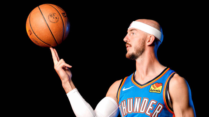 Alex Caruso is pictured during the Thunder media day at the Paycom Center in Oklahoma City, on Monday, Sept. 30, 2024.