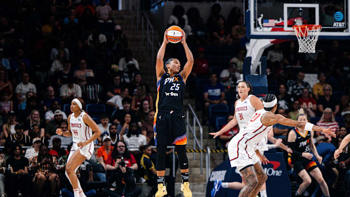 Jul 27, 2025; Washington, District of Columbia, USA; Phoenix Mercury forward Alyssa Thomas (25) grabs a rebound in the first half against the Washington Mystics at CareFirst Arena. Mandatory Credit: Emily Faith Morgan-Imagn Images