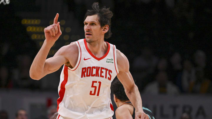Mar 19, 2024; Washington, District of Columbia, USA; Houston Rockets center Boban Marjanovic (51) runs down the court during the second half against the Washington Wizardsat Capital One Arena. Mandatory Credit: Tommy Gilligan-USA TODAY Sports Mar 19, 2024; Washington, District of Columbia, USA; Houston Rockets center Boban Marjanovic (51) runs down the court during the second half against the Washington Wizardsat Capital One Arena. Mandatory Credit: Tommy Gilligan-USA TODAY Sports