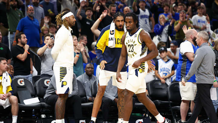 Oct 28, 2024; Orlando, Florida, USA; Indiana Pacers forward Aaron Nesmith (23) leaves the game after fouling out against the Orlando Magic in the fourth quarter at Kia Center. Mandatory Credit: Nathan Ray Seebeck-Imagn Images Oct 28, 2024; Orlando, Florida, USA; Indiana Pacers forward Aaron Nesmith (23) leaves the game after fouling out against the Orlando Magic in the fourth quarter at Kia Center. Mandatory Credit: Nathan Ray Seebeck-Imagn Images