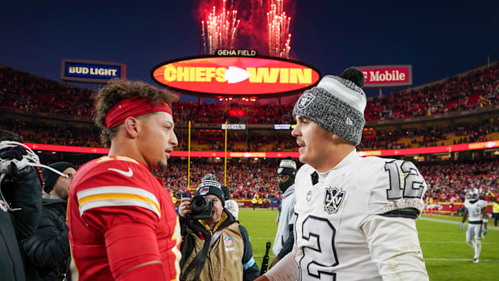 Nov 29, 2024; Kansas City, Missouri, USA; Kansas City Chiefs quarterback Patrick Mahomes (15) shakes hands with Las Vegas Raiders quarterback Aidan O'Connell (12) after the game at GEHA Field at Arrowhead Stadium. Mandatory Credit: Denny Medley-Imagn Images Nov 29, 2024; Kansas City, Missouri, USA; Kansas City Chiefs quarterback Patrick Mahomes (15) shakes hands with Las Vegas Raiders quarterback Aidan O'Connell (12) after the game at GEHA Field at Arrowhead Stadium. Mandatory Credit: Denny Medley-Imagn Images