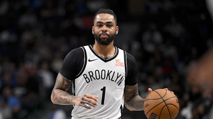 Mar 31, 2025; Dallas, Texas, USA; Brooklyn Nets guard D'Angelo Russell (1) in action during the game between the Dallas Mavericks and the Brooklyn Nets at the American Airlines Center. Mandatory Credit: Jerome Miron-Imagn Images