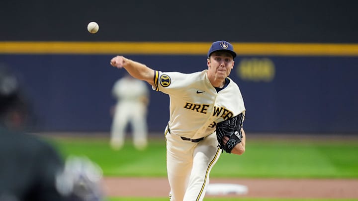 Milwaukee Brewers starting pitcher Jacob Misiorowski pitches during the first inning of the Opening Day game against the Chicago White Sox on March 26, 2026 at American Family Field in Milwaukee.