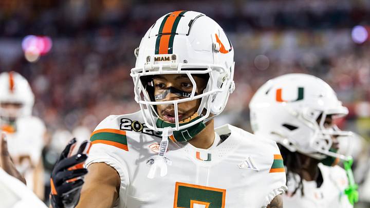 Jan 19, 2026; Miami Gardens, FL, USA; Miami Hurricanes wide receiver CJ Daniels (7) against the Indiana Hoosiers during the College Football Playoff National Championship game at Hard Rock Stadium. Mandatory Credit: Mark J. Rebilas-Imagn Images Jan 19, 2026; Miami Gardens, FL, USA; Miami Hurricanes wide receiver CJ Daniels (7) against the Indiana Hoosiers during the College Football Playoff National Championship game at Hard Rock Stadium. Mandatory Credit: Mark J. Rebilas-Imagn Images