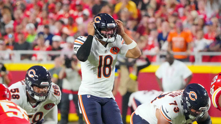 Aug 22, 2025; Kansas City, Missouri, USA; Chicago Bears quarterback Caleb Williams (18) gestures at the line against the Kansas City Chiefs during the first half of the game at GEHA Field at Arrowhead Stadium. Mandatory Credit: Denny Medley-Imagn Images