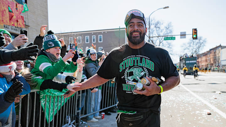 Feb 14, 2025; Philadelphia, PA, USA; Philadelphia Eagles offensive tackle Jordan Mailata (68) celebrates during the Super Bowl LIX championship parade and rally. Mandatory Credit: Caean Couto-Imagn Images Feb 14, 2025; Philadelphia, PA, USA; Philadelphia Eagles offensive tackle Jordan Mailata (68) celebrates during the Super Bowl LIX championship parade and rally. Mandatory Credit: Caean Couto-Imagn Images