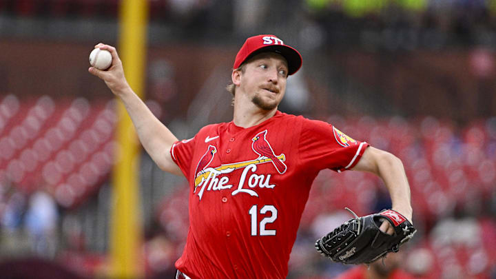 Aug 7, 2024; St. Louis, Missouri, USA; St. Louis Cardinals starting pitcher Erick Fedde (12) pitches against the Tampa Bay Rays during the first inning at Busch Stadium. Mandatory Credit: Jeff Curry-Imagn Images Aug 7, 2024; St. Louis, Missouri, USA; St. Louis Cardinals starting pitcher Erick Fedde (12) pitches against the Tampa Bay Rays during the first inning at Busch Stadium. Mandatory Credit: Jeff Curry-Imagn Images