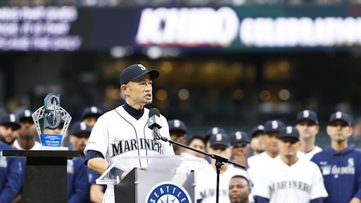 Former Seattle Mariners outfielder Ichiro Suzuki speaks before a game against the Chicago White Sox after earning the franchise lifetime achievement award on Sept. 14, 2019 at T-Mobile Park. Former Seattle Mariners outfielder Ichiro Suzuki speaks before a game against the Chicago White Sox after earning the franchise lifetime achievement award on Sept. 14, 2019 at T-Mobile Park.