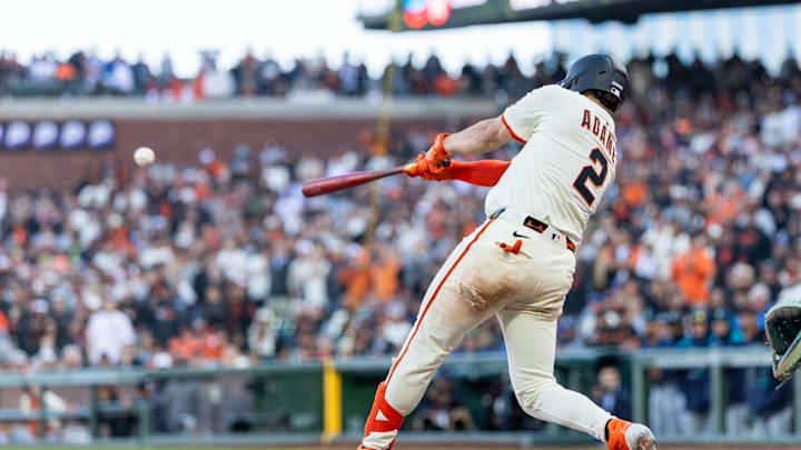 San Francisco Giants shortstop Willy Adames (2) drives in two runs for a walk-off Giants win during the eleventh inning against the Seattle Mariners at Oracle Park on April 4.
