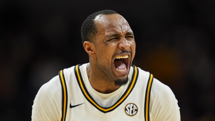 Jan 25, 2025; Columbia, Missouri, USA; Missouri Tigers guard Tamar Bates (2) reacts during the second half against the Mississippi Rebels at Mizzou Arena. Mandatory Credit: Jay Biggerstaff-Imagn Images